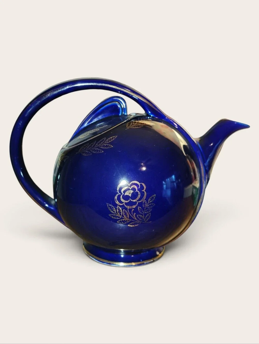 Antique Cobalt Blue Ceramic Airflow Teapot with Gold Floral Rose Accent & Trim